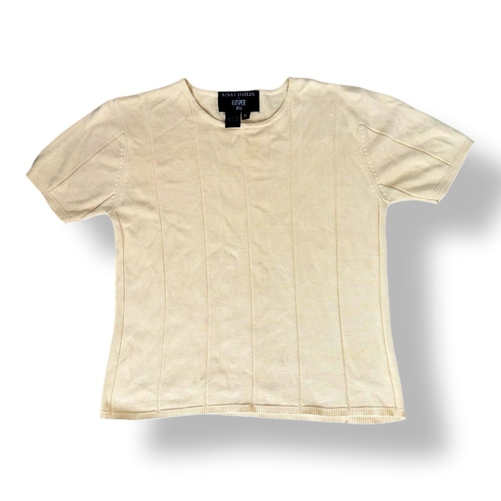 Vintage Nina Charles For Kasper ASL 100% Spun Silk Beige Shortsleeve Crewneck